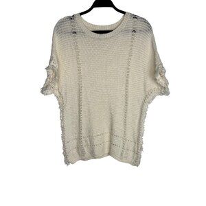G.H. Bass & Co. Womens Medium White Knit Short Sleeve Sweater With Fringe Accent